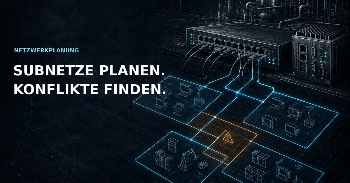 Industrieller Netzwerkswitch und Subnetzskizze mit gelber Überschneidungswarnung; Subnetze planen. Konflikte finden.