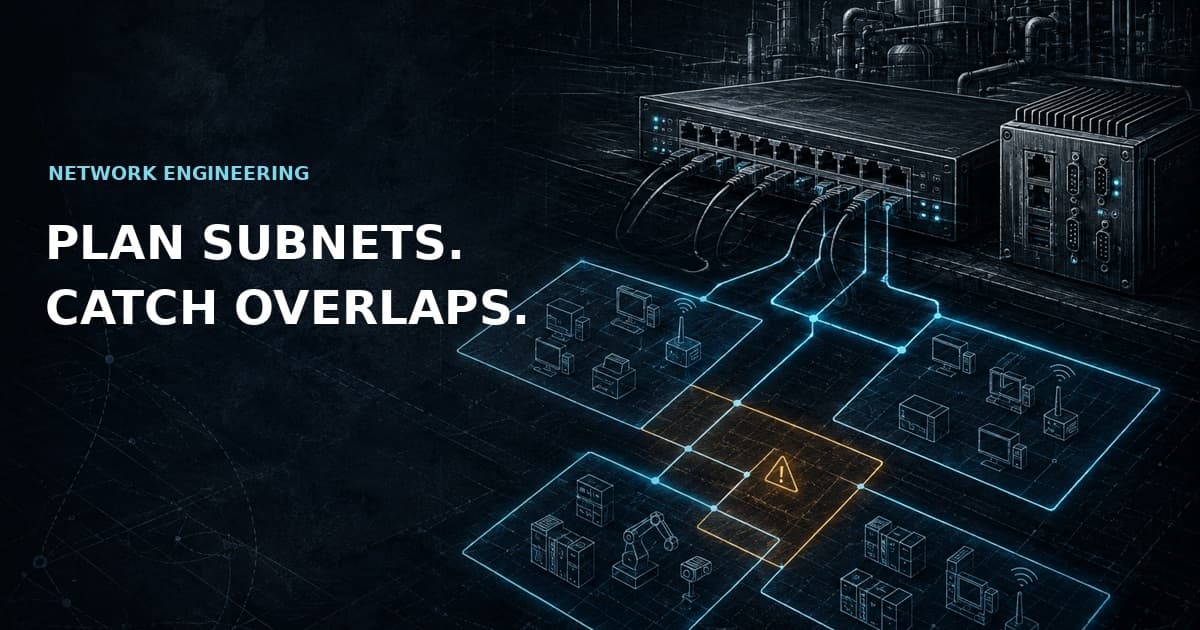Industrial network switch and subnet sketch with an amber overlap warning; Plan subnets. Catch overlaps.