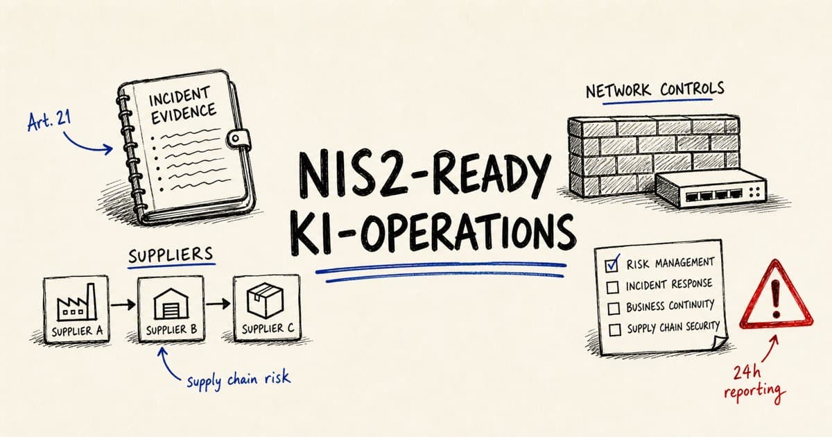 Handgezeichnete Infografik: NIS2-ready KI-Operations mit Incident-Evidence-Logbuch, Lieferketten-Diagramm und Netzwerk-Firewall