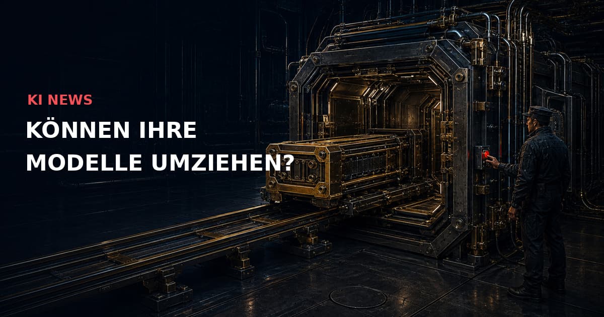 Dunkle technische Industrieillustration: Eine herausnehmbare Modellkartusche verlässt einen offenen Distributionstresor auf Schienen; ein Ingenieur bedient eine rote Verriegelung. Text: KI NEWS — KÖNNEN IHRE MODELLE UMZIEHEN?