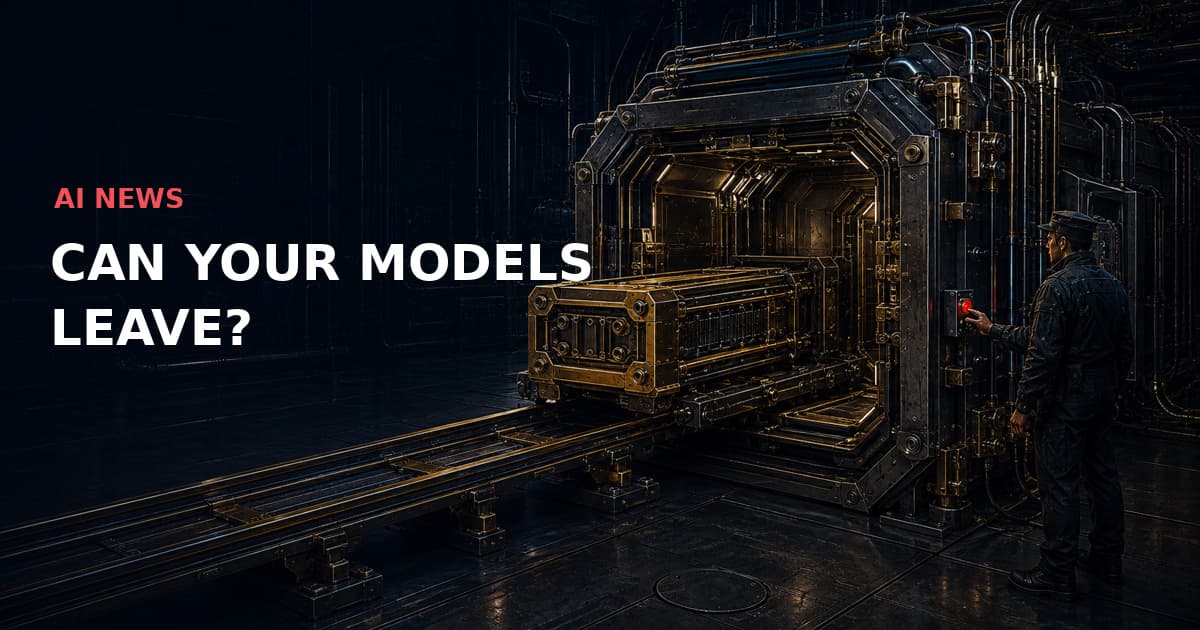 Dark industrial technical illustration of a removable model cartridge exiting an open distribution vault on rails, with an engineer at a red control interlock. Text: AI NEWS — CAN YOUR MODELS LEAVE?