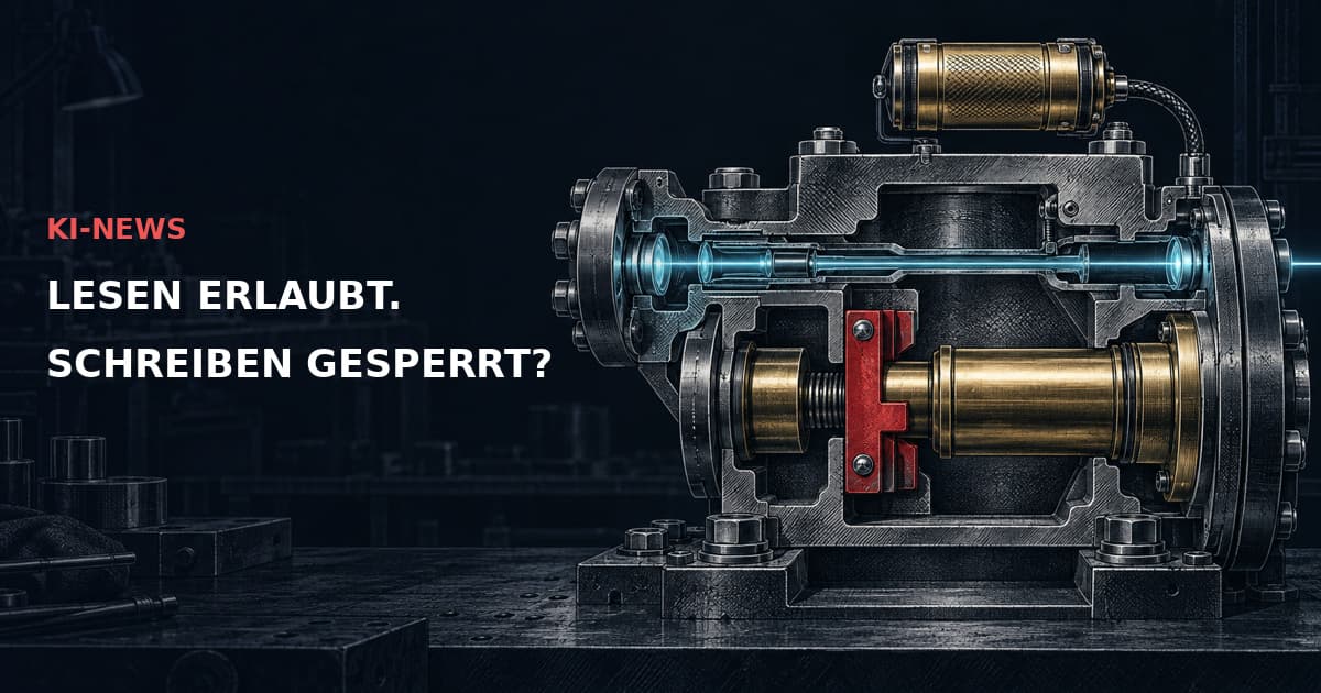 Industrielle Zugangskontrolle im Schnitt: Ein cyanfarbener Lesekanal verläuft über einem rot gesperrten Messingantrieb. Text: KI-NEWS — LESEN ERLAUBT. SCHREIBEN GESPERRT?
