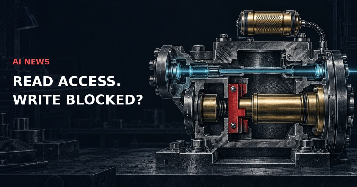 Industrial access-control cutaway: a cyan read channel passes above a brass actuator blocked by a red interlock. Text: AI NEWS — READ ACCESS. WRITE BLOCKED?