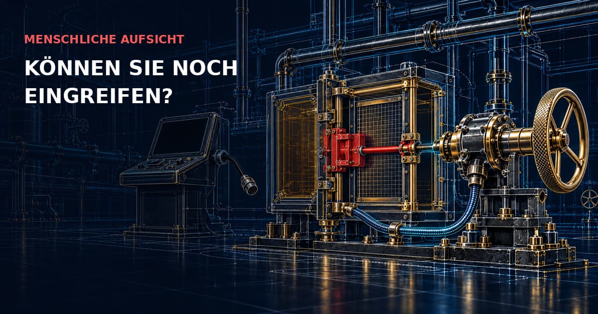 Unabhängiges goldenes Handrad und cyanfarbener Managementpfad schließen ein rotes Softwaretor bei dunkler Bedienoberfläche. MENSCHLICHE AUFSICHT — KÖNNEN SIE NOCH EINGREIFEN?