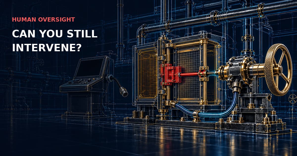 Independent gold handwheel and cyan management cable close a red software gate while the ordinary console is dark. HUMAN OVERSIGHT — CAN YOU STILL INTERVENE?