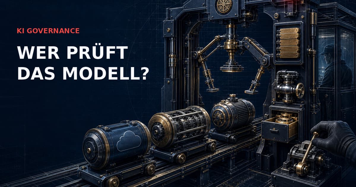Industrielles Lieferanten-Kontrolltor prüft Cloud-API-, Open-Weight- und Fine-Tune-Modellkapseln; ein roter Interlock sperrt nicht freigegebene Änderungen.