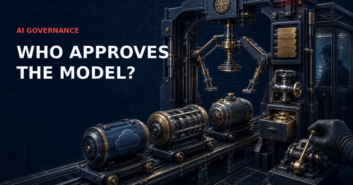 Industrial supplier-control gate inspecting cloud API, open-weight and fine-tuned model canisters; a red interlock signals that unapproved changes cannot pass.