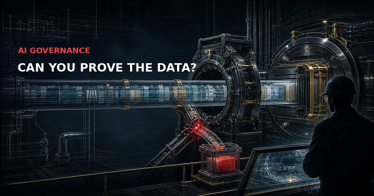Industrial data provenance conduit passing through a quality-inspection gate and red quarantine interlock for high-risk AI governance.