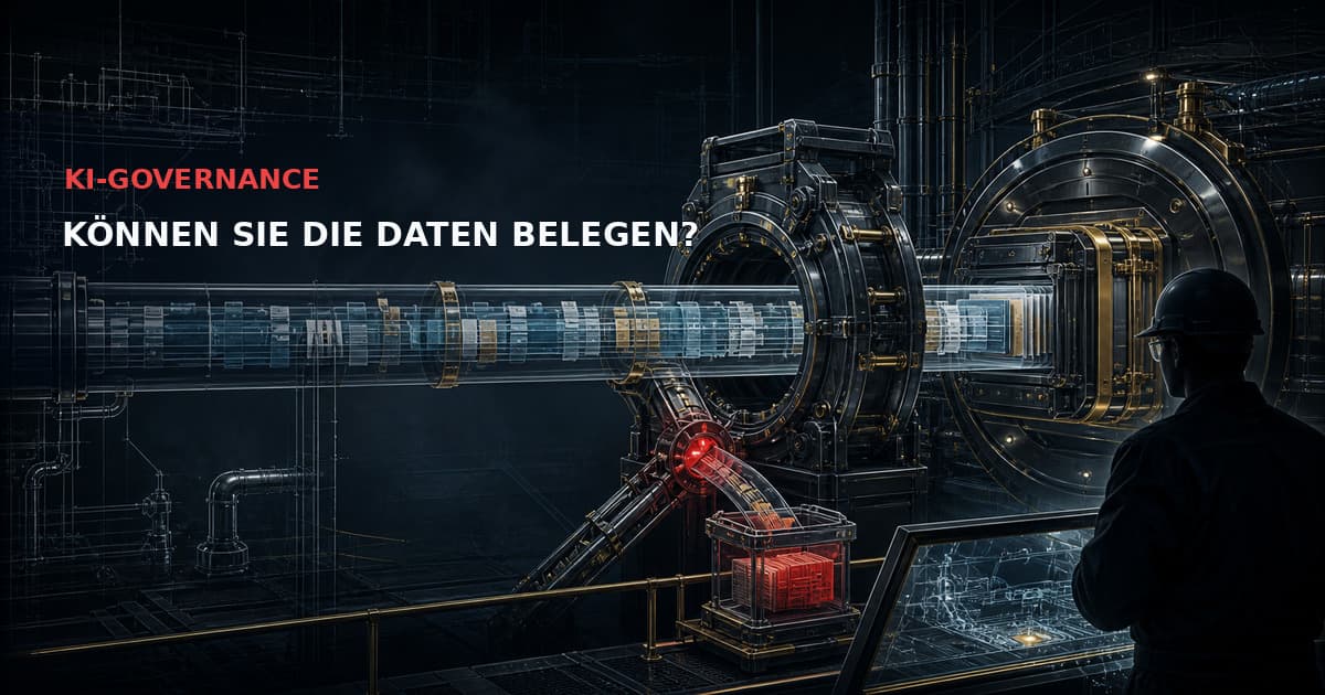Industrielle Daten-Provenance-Leitung durch ein Qualitätsprüftor mit rotem Quarantäne-Interlock für Hochrisiko-KI-Governance.