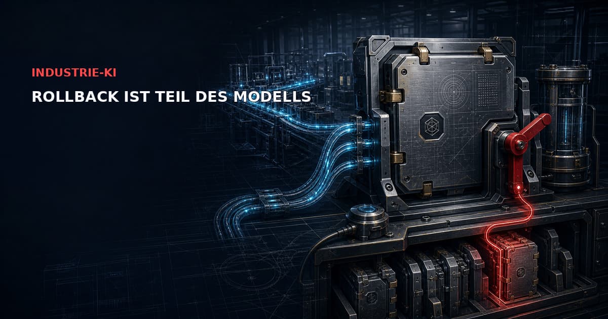 Industrielles Modell-Release-Dossier mit cyanfarbenen Evidenzleitungen, goldenen Klammern und roter Rollback-Verriegelung.