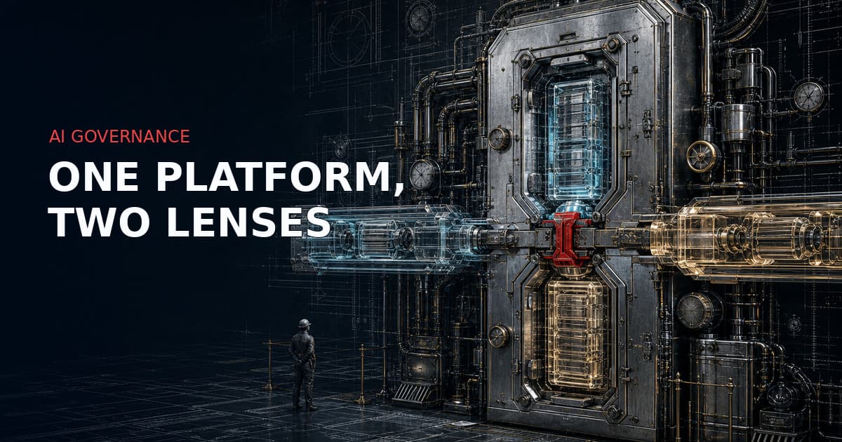 Shared AI-assessment evidence vault: cyan privacy evidence and gold fundamental-rights evidence meet at a red controlled interlock.