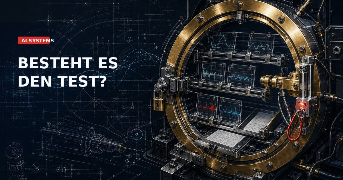 Industrielles Release Gate mit gepaarten Evaluationsproben, cyanfarbenen Messkurven, goldener Kammer und rotem Interlock für Enterprise-LLM-Modelländerungen