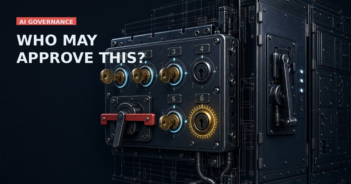 Industrial key-interlock exchange panel gating an enterprise control cabinet: three brass capability keys turned and cyan-verified, one empty keyway with a red interlock bar blocking the operating lever, and one gold expiry warning ring.