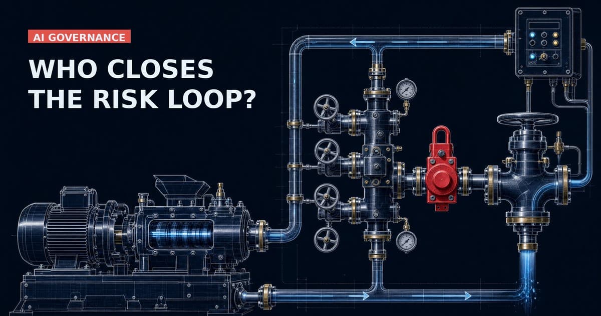 Dark technical illustration of a closed industrial risk-feedback loop: a running production machine returns a field signal through a triage manifold, and a red lockout interlock stops the line before the release gate that feeds the validated change back in.