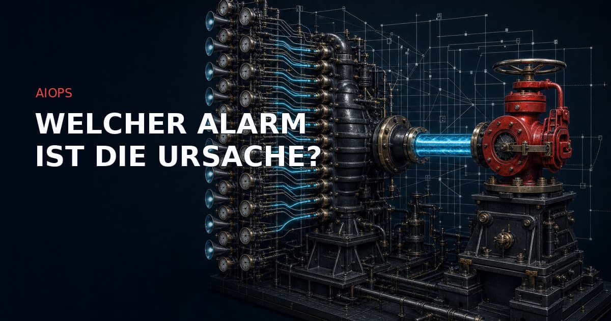 Dunkle technische Illustration einer industriellen Alarmtafel: Dutzende messinggefasste Manometer und Alarmhörner speisen viele dünne cyanfarbene Signalleitungen in einen zentralen Sammelverteiler, aus dem eine einzige dicke cyanfarbene Leitung zu einem signalroten verriegelten Absperrventil führt, über einem feinen weißen Abhängigkeitstopologie-Gitter.