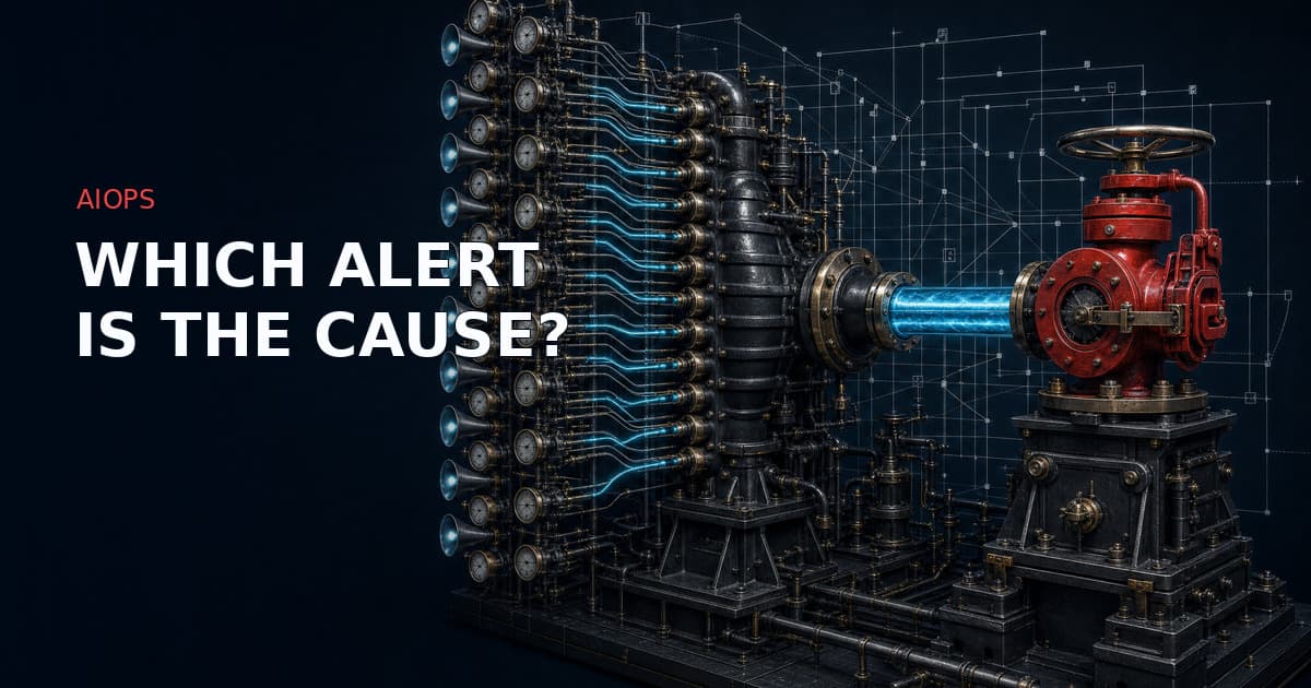Dark technical illustration of an industrial alarm annunciator bank: dozens of brass-rimmed gauges and alarm horns feeding many thin cyan signal lines into a central collector manifold, which emits one thick cyan pipe terminating at a single signal-red interlocked shutoff valve, over a faint white dependency-topology lattice.