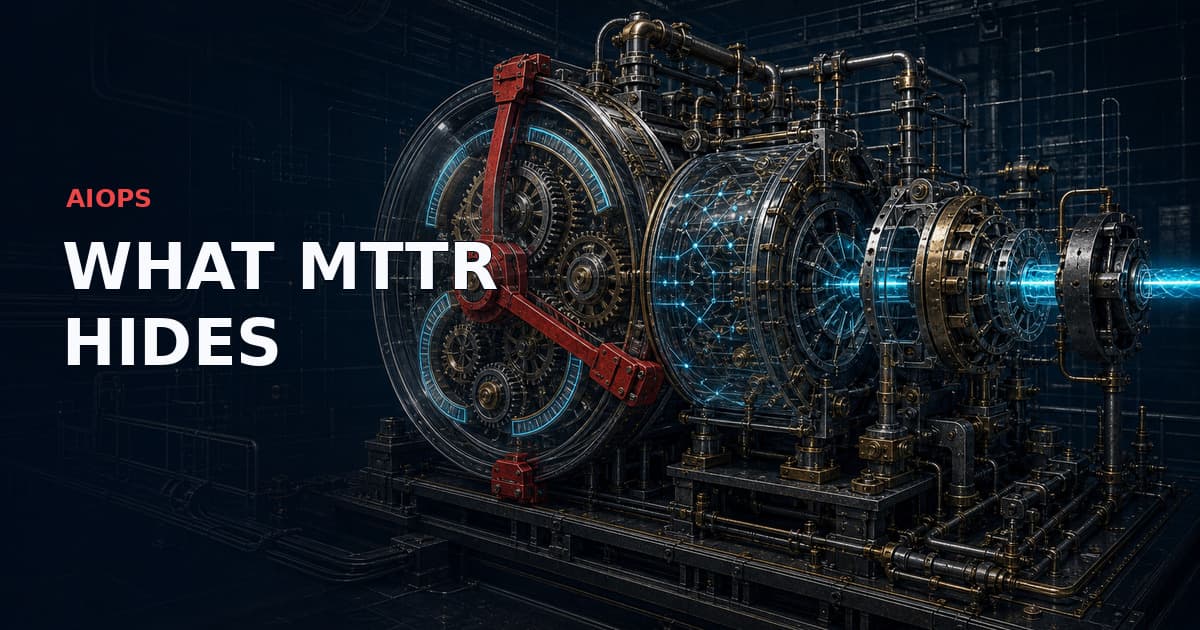 Dark technical sketchnote of a brass-and-steel incident timing machine with a large aggregate chronograph, three connected timing chambers, cyan signal flow and one red mechanical interlock. Text reads “AIOPS — WHAT MTTR HIDES”.