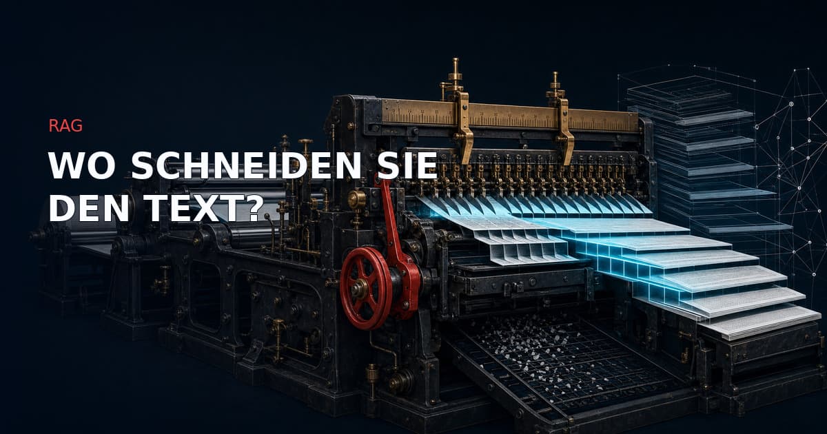 Dunkle technische Illustration einer schweren gusseisernen Papierschneidemaschine: ein durchlaufendes Dokumentenband läuft über Stahlwalzen in eine Reihe Präzisionsmesser, die es in gestapelte Segmente deutlich unterschiedlicher Länge schneiden, darüber messen ein Messingmaßstab und Zirkel die Schnittlänge, cyanfarbenes Licht zeichnet die richtig dimensionierten mittleren Segmente nach, ein roter Bedienhebel steht an der Schneidstation, und zu klein zerfaserte Fragmente fallen in einen dunklen Rost darunter.
