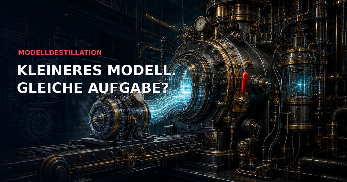 Dunkle technische Sketchnote einer großen Messing-Destillationsmaschine, die einen cyanfarbenen Wissensstrom in eine kleinere Student-Turbine überträgt, mit roter Rollback-Verriegelung. Text: „MODELLDESTILLATION — KLEINERES MODELL. GLEICHE AUFGABE?“