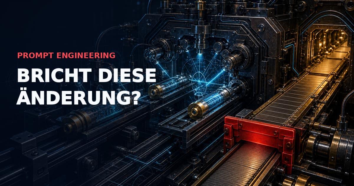 Dunkle technische Illustration eines Prompt-Release-Prüfstands aus Messing und Stahl: Baseline- und Kandidatenkartuschen werden mit cyanfarbenen Messstrahlen geprüft, bevor eine rote Sicherheitsverriegelung das Deployment-Förderband sperrt. Text: „PROMPT ENGINEERING — BRICHT DIESE ÄNDERUNG?“