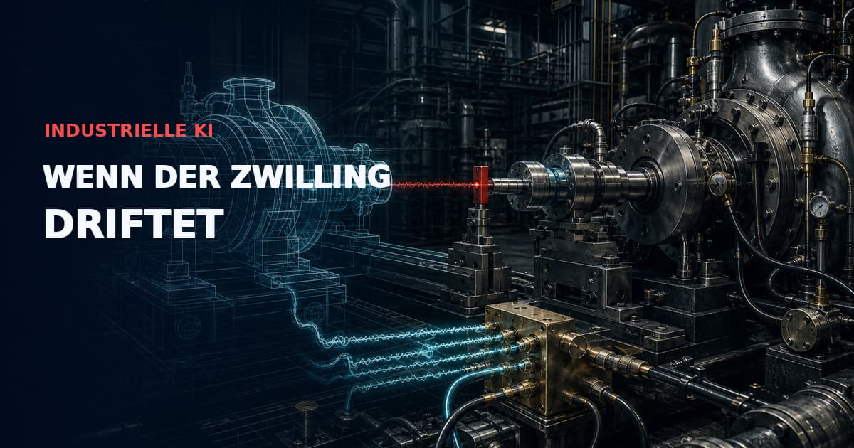 Dunkle industrielle technische Illustration einer physischen Stahlpumpe, die über Live-Sensorspuren mit ihrem cyanfarbenen digitalen Drahtmodell-Zwilling abgeglichen wird; ein roter Drift-Interlock markiert die Abweichung. Text: „INDUSTRIELLE KI — WENN DER ZWILLING DRIFTET“.