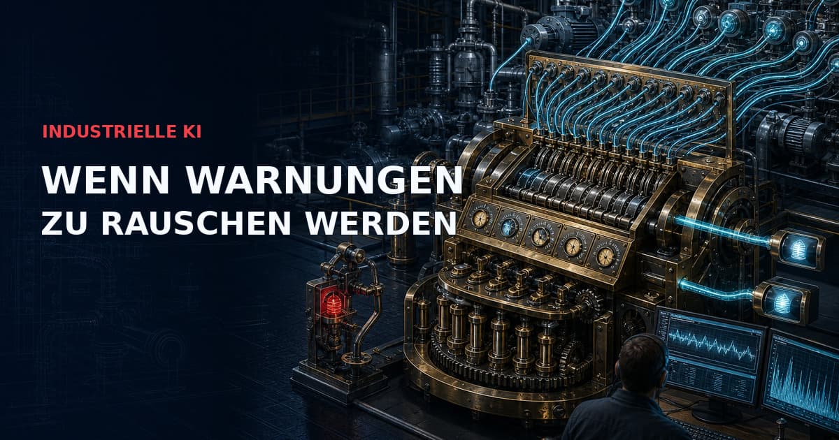 Dunkle industrielle technische Sketchnote einer Messingmaschine zur Alarmrationalisierung, die viele cyanfarbene Predictive-Maintenance-Signale zu zwei handlungsrelevanten Ausgängen verdichtet, mit einer roten Verriegelung gegen flatternde Warnungen und einem menschlichen Operator. Text: „INDUSTRIELLE KI — WENN WARNUNGEN ZU RAUSCHEN WERDEN“.