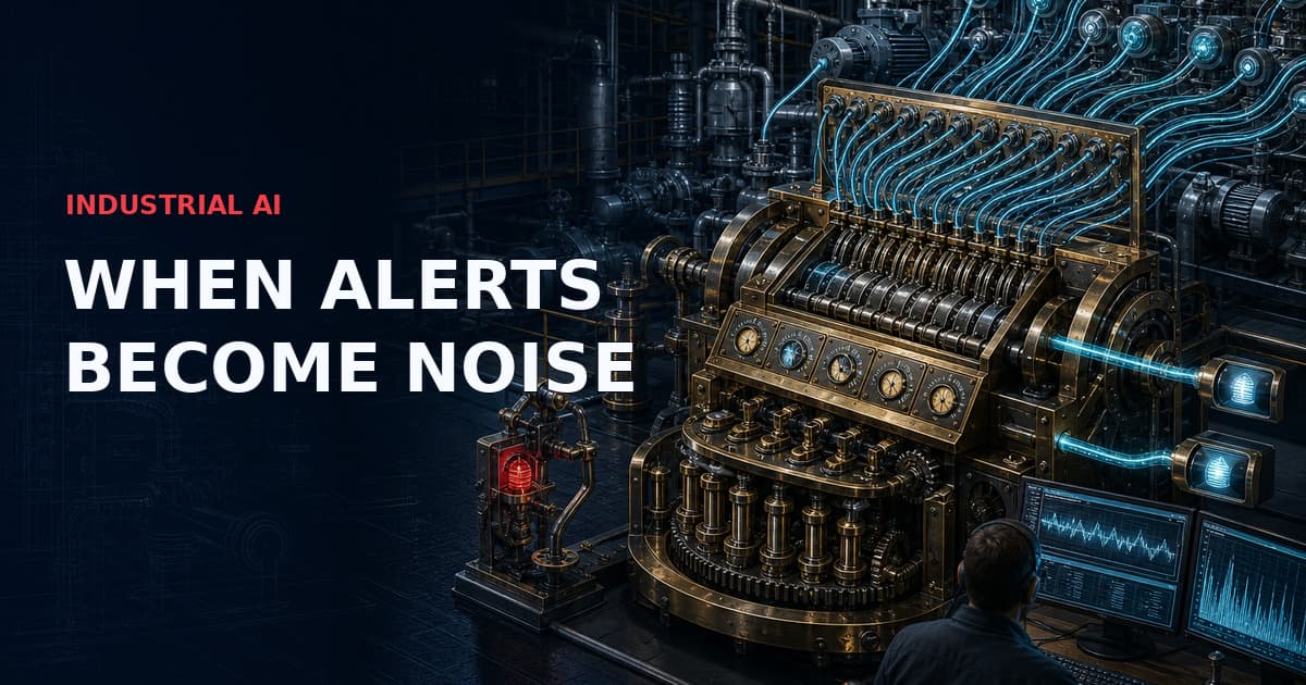 Dark industrial technical sketchnote of a brass alarm-rationalization machine consolidating many cyan predictive-maintenance signals into two actionable outputs, with one red chattering-alert interlock and a human operator. Text reads “INDUSTRIAL AI — WHEN ALERTS BECOME NOISE”.