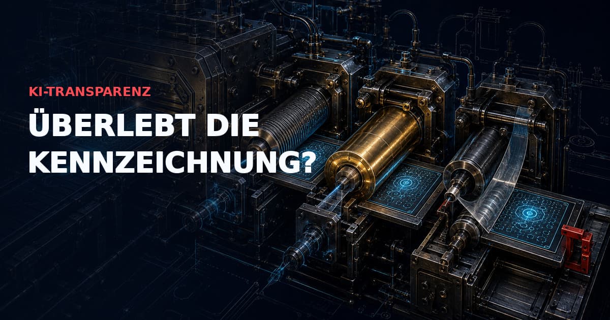 Dunkle industrielle Provenienz-Prägemaschine, die ein cyanfarbenes maschinenlesbares Siegel durch Exportwalzen zu einer roten Abstreifverriegelung führt. Text: „KI-TRANSPARENZ — ÜBERLEBT DIE KENNZEICHNUNG?“