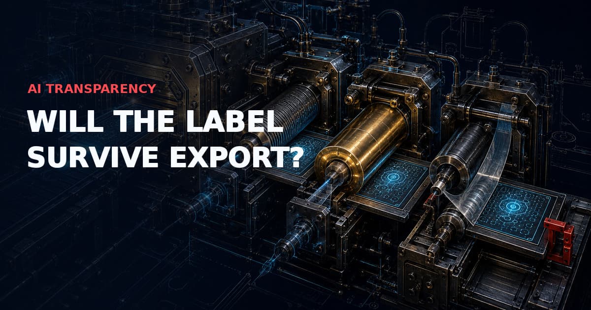Dark industrial provenance stamping machine carrying a cyan machine-readable seal through export rollers toward a red stripping interlock. Text: “AI TRANSPARENCY — WILL THE LABEL SURVIVE EXPORT?”