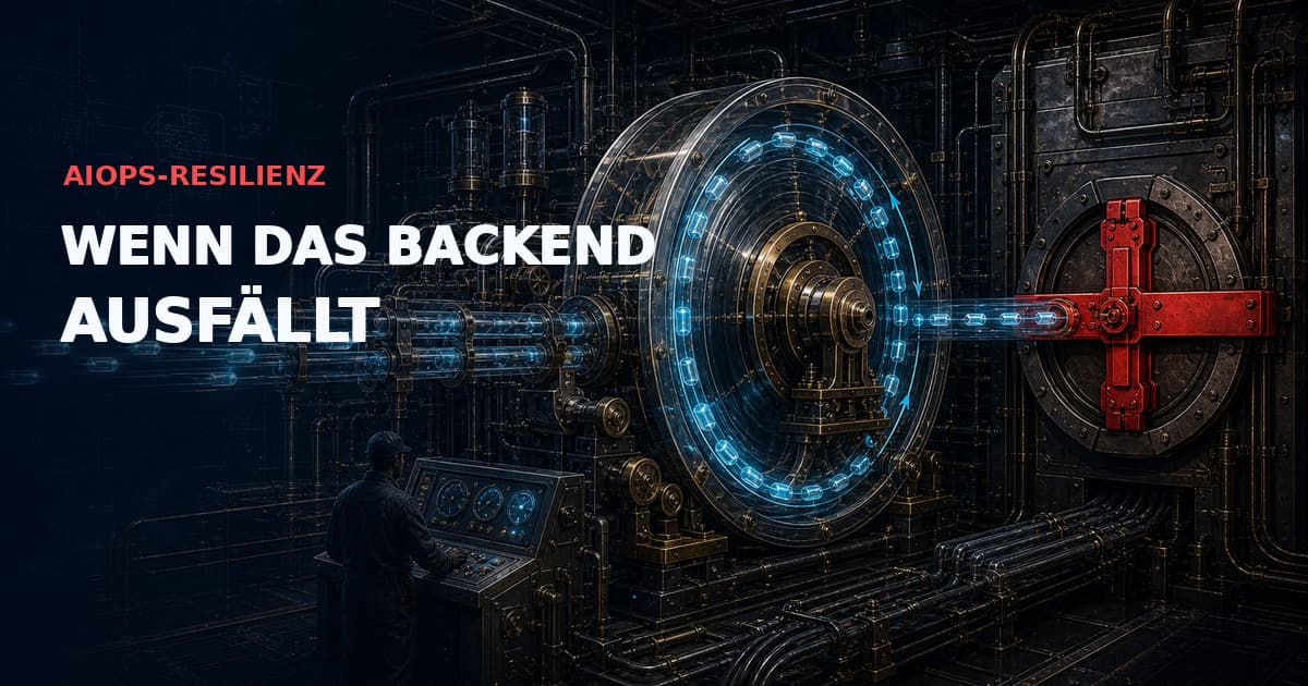 Dunkle industrielle Telemetrie-Puffermaschine, in der cyanfarbene Evidenzkapseln in einer persistenten WAL-Trommel zirkulieren, während eine rote Backend-Ausfallverriegelung den Export blockiert. Text: „AIOPS-RESILIENZ — WENN DAS BACKEND AUSFÄLLT“.