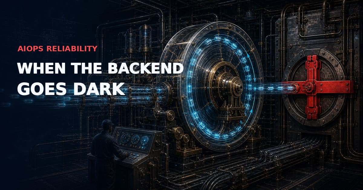 Dark industrial telemetry buffer machine circulating cyan evidence capsules in a persistent WAL drum while a red backend outage interlock blocks export. Text: “AIOPS RELIABILITY — WHEN THE BACKEND GOES DARK”.