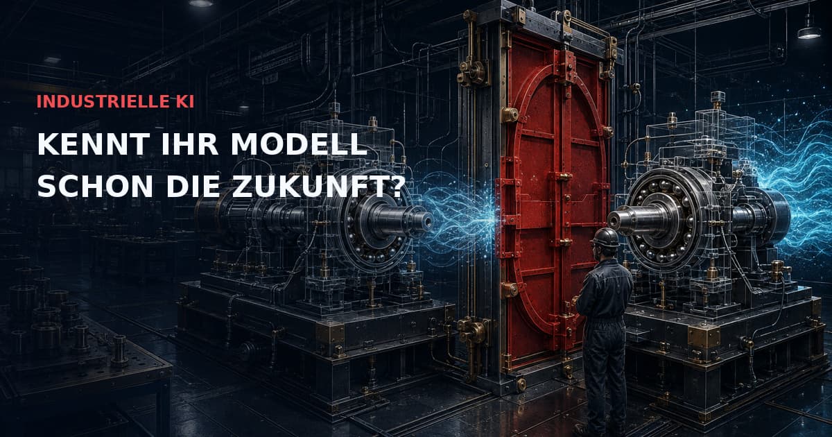 Industrielle Lagerprüfstände mit roter Trennschleuse, die Zukunftsinformation vom Trainingsprüfstand fernhält. Text: INDUSTRIELLE KI — KENNT IHR MODELL SCHON DIE ZUKUNFT?