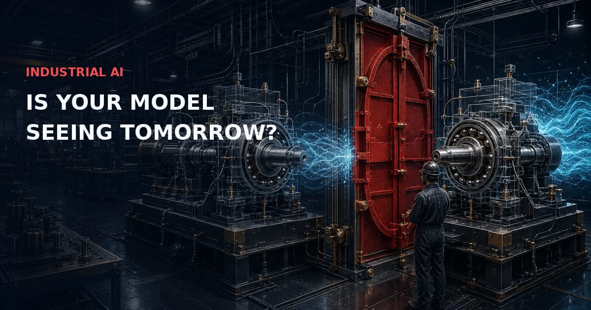 Industrial bearing test benches separated by a red isolation shutter blocking future observations from the training rig. Text: INDUSTRIAL AI — IS YOUR MODEL SEEING TOMORROW?