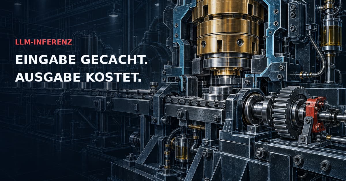 Dunkler industrieller Maschinenschnitt mit wiederverwendbarer goldener Werkzeugkartusche, cyanfarbener Umgehung und nachgelagerter Ausgabespindel mit roter Bremse. Text: LLM-INFERENZ — EINGABE GECACHT. AUSGABE KOSTET.