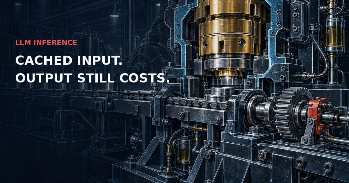 Dark industrial cutaway with reusable gold die cartridge, cyan bypass fixture and downstream output spindle with red brake. Text: LLM INFERENCE — CACHED INPUT. OUTPUT STILL COSTS.
