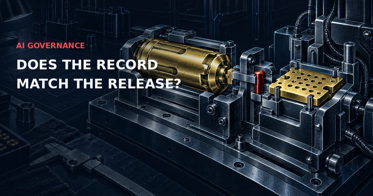 Dark industrial alignment fixture linking a gold system cartridge and evidence plate, with cyan linework and a red interlock. Text: AI GOVERNANCE — DOES THE RECORD MATCH THE RELEASE?