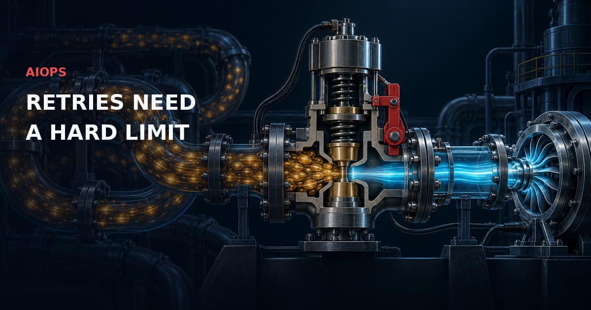 Dark industrial cutaway of a pressure-regulating valve containing circulating gold pulses, with a red interlock and a cyan downstream turbine. Text: AIOPS — RETRIES NEED A HARD LIMIT.