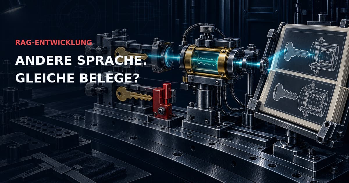 Industrieller optischer Komparator gleicht Messingprofile mit einem technischen Handbuch ab; cyanfarbene Ausrichtung und rote Sperre. Text: RAG-ENTWICKLUNG — ANDERE SPRACHE. GLEICHE BELEGE?