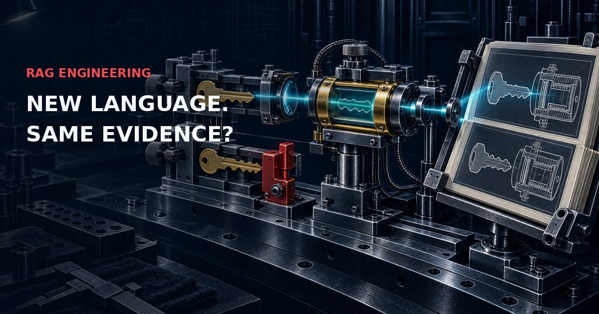 Industrial optical comparator aligning brass profiles with a technical manual, cyan evidence alignment and red mismatch interlock. Text: RAG ENGINEERING — NEW LANGUAGE. SAME EVIDENCE?
