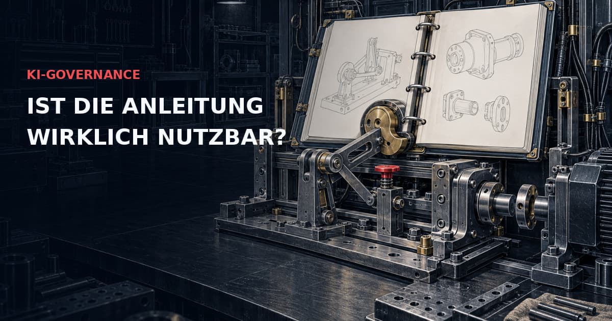 Lieferantenanleitung an einem präzisen Bedienprüfstand mit Messinghebel und roter Stoppsperre. Text: KI-GOVERNANCE — IST DIE ANLEITUNG WIRKLICH NUTZBAR?
