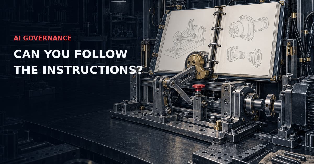 Supplier instruction binder coupled to a precision operator test rig with a brass lever and red stop interlock. Text: AI GOVERNANCE — CAN YOU FOLLOW THE INSTRUCTIONS?
