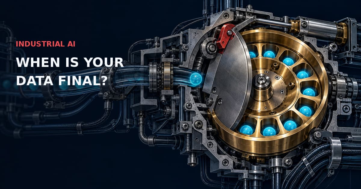 Dark technical cutaway of a brass sampling carousel and red shutter, with a delayed cyan sensor sample approaching the closing chamber. Text: INDUSTRIAL AI — WHEN IS YOUR DATA FINAL?