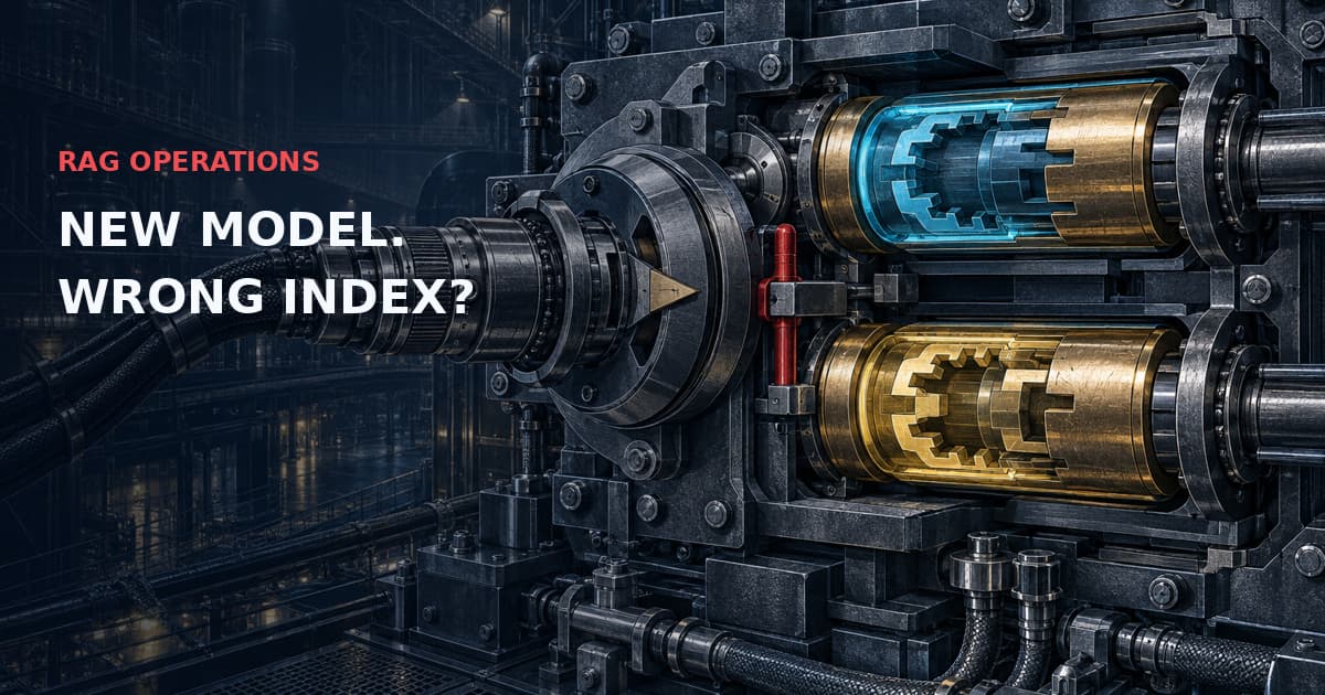 Dark technical cutaway of two keyed brass index chambers and a coupled encoder selector with a red compatibility interlock. Text: RAG OPERATIONS — NEW MODEL. WRONG INDEX?