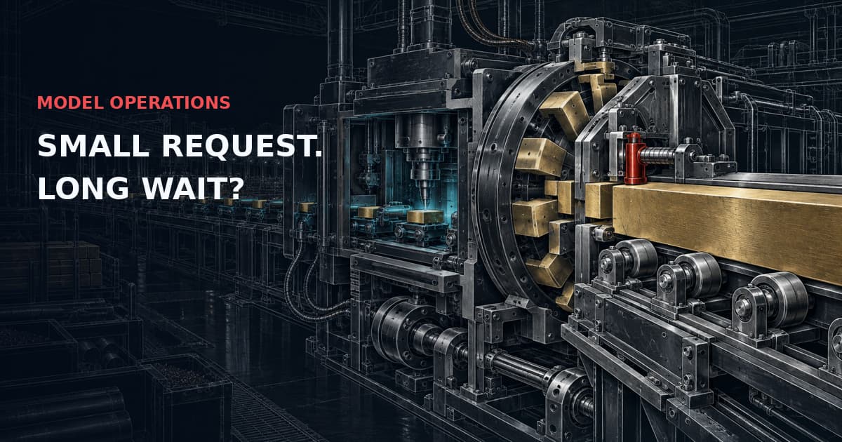 Dark technical cutaway of a brass billet metered through an industrial feed gate with small cyan carriers and a red interlock. Text: MODEL OPERATIONS — SMALL REQUEST. LONG WAIT?