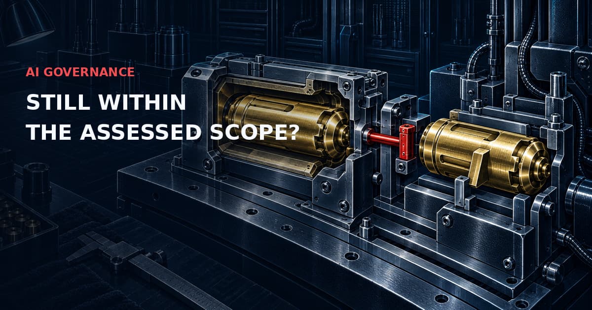 Dark industrial cutaway of baseline and modified brass cartridges at a steel gauge with a red interlock. Text: AI GOVERNANCE — STILL WITHIN THE ASSESSED SCOPE?