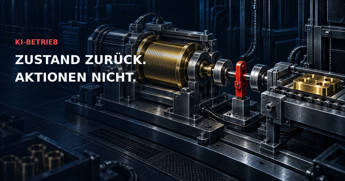 Dunkle technische Illustration einer Messingspule zur Wiederherstellung und eines durch eine rote Sperre getrennten Antriebs. Text: KI-BETRIEB — ZUSTAND ZURÜCK. AKTIONEN NICHT.