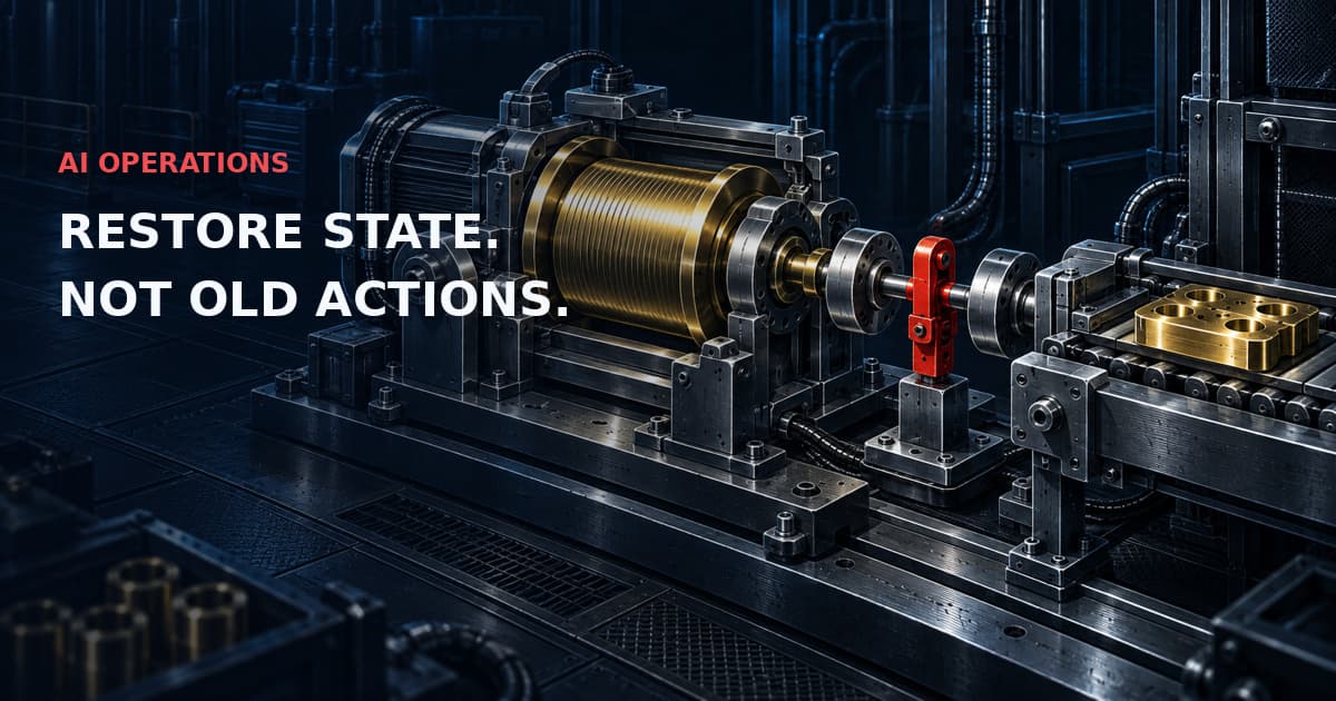 Dark engineering illustration of a brass recovery spool and a disconnected drive held by a red interlock. Text: AI OPERATIONS — RESTORE STATE. NOT OLD ACTIONS.