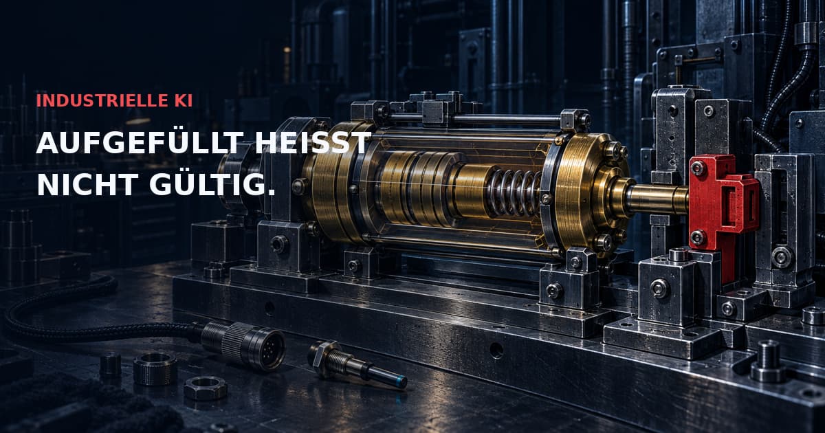 Dunkle industrielle Illustration eines getrennten Sensorkabels und einer Messing-Speicherkartusche mit roter Ablaufsperre. Text: INDUSTRIELLE KI — AUFGEFÜLLT HEISST NICHT GÜLTIG.