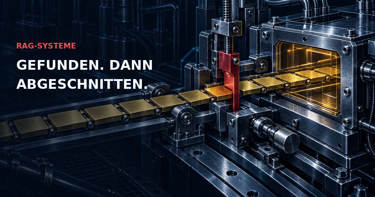 Dunkler Präzisionsvorschub schneidet ein Messing-Evidenzband vor der Bewertung ab: Token-Trunkierung. Text: RAG-SYSTEME — GEFUNDEN. DANN ABGESCHNITTEN.