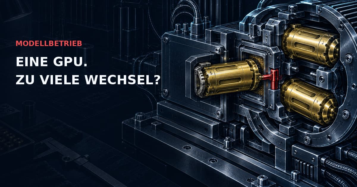 Dunkles Präzisionsmagazin wechselt Messingadapter an einem gemeinsamen Rechengehäuse mit roter Verriegelung. Text: MODELLBETRIEB — EINE GPU. ZU VIELE WECHSEL?